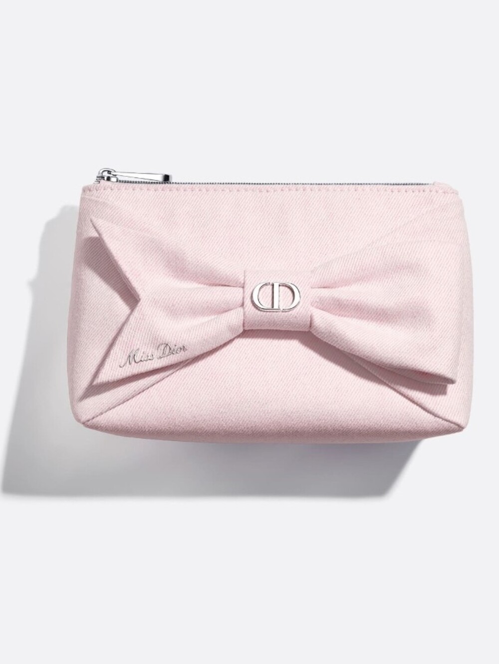 Miss Dior Ribbon Pouch CD Silver logo pale pink Bow Denim Pouch Travel Case